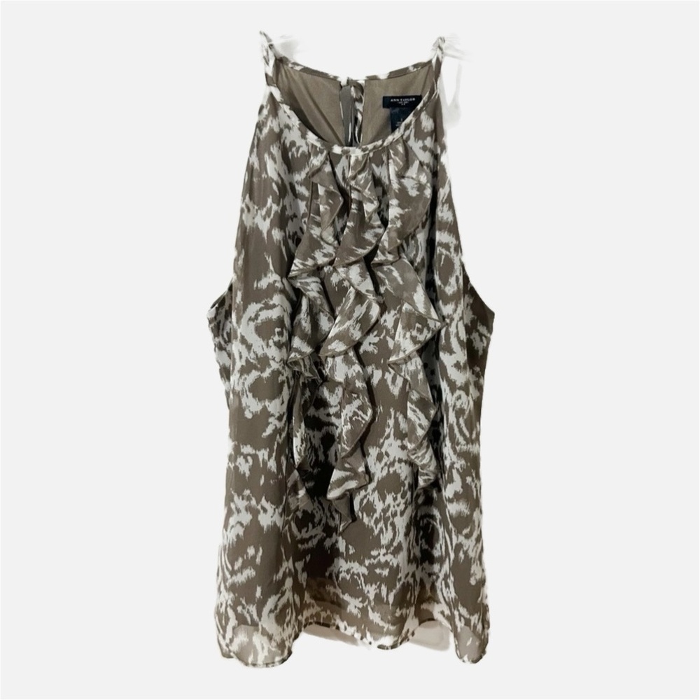 Ann Taylor Taupe and Charcoal Ruffled Front Sleeveless Blouse Keyhole Back Tie